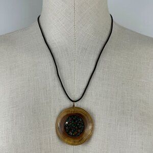 Handcrafted Wood and Resin Pendant Necklace 20" Cord Copper Clasp Rustic Art